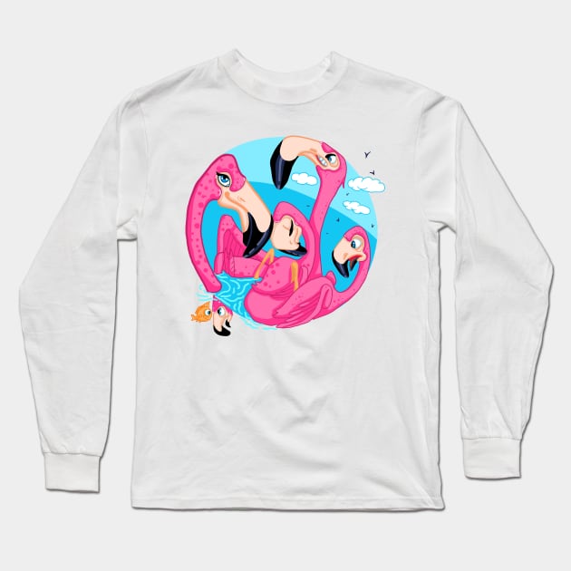 Crazy  pink family flamingo Long Sleeve T-Shirt by Olena Dosch